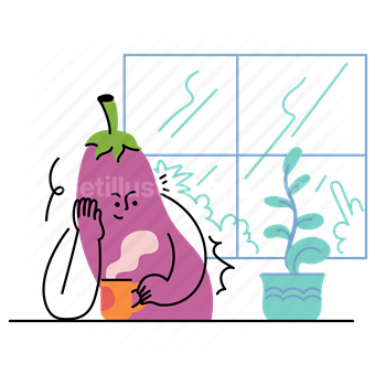 drink, beverage, coffee, eggplant, window, plant, relax